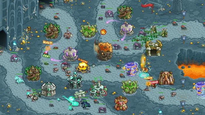 Capture d'écran du jeu Kingdom Rush Origins montrant une carte de stratégie avec des unités et structures en combat.