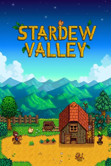 Affiche du jeu vidéo Stardew Valley montrant une ferme avec des montagnes en arrière-plan et le titre en lettres dorées.