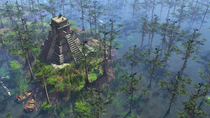 Sous-bois d'Age of Empires III : une pyramide maya entourée de pins et deux canoës sur l'eau.