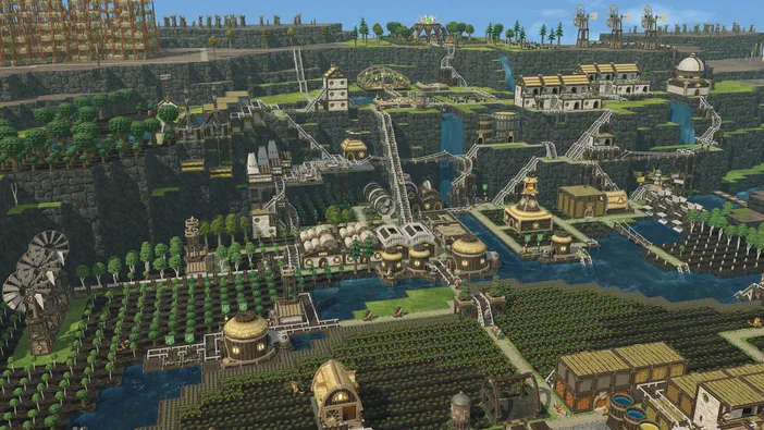 Vue aérienne d'une cité industrielle et forestière dans le jeu vidéo Timberborn
