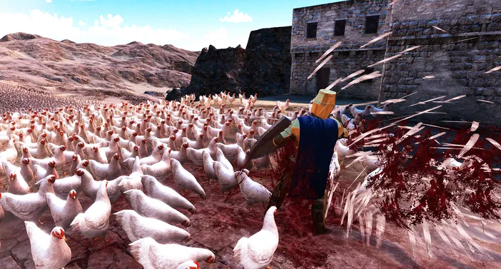 Capture de jeu vidéo Ultimate Epic Battle Simulator montrant un personnage en armure bleue tenant une épée, entouré d'une multitude de poulets blancs dans un décor aride avec des ruines.