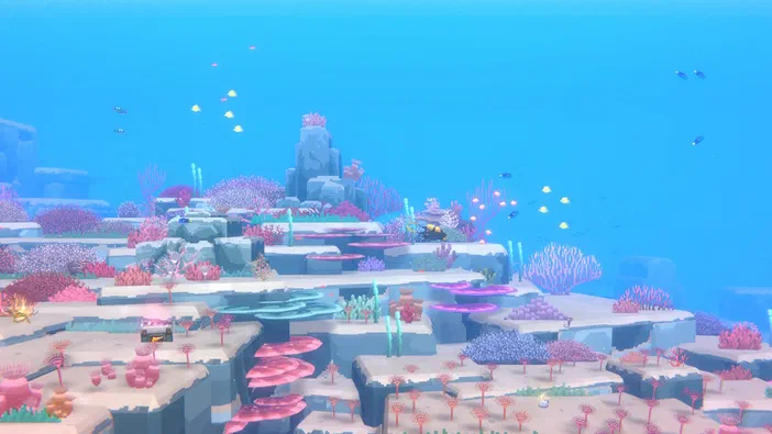 Capture d'écran du jeu vidéo Dave the Diver montrant un paysage sous-marin coloré avec des coraux roses et violets sur une plateforme rocheuse, parsemé de poissons.