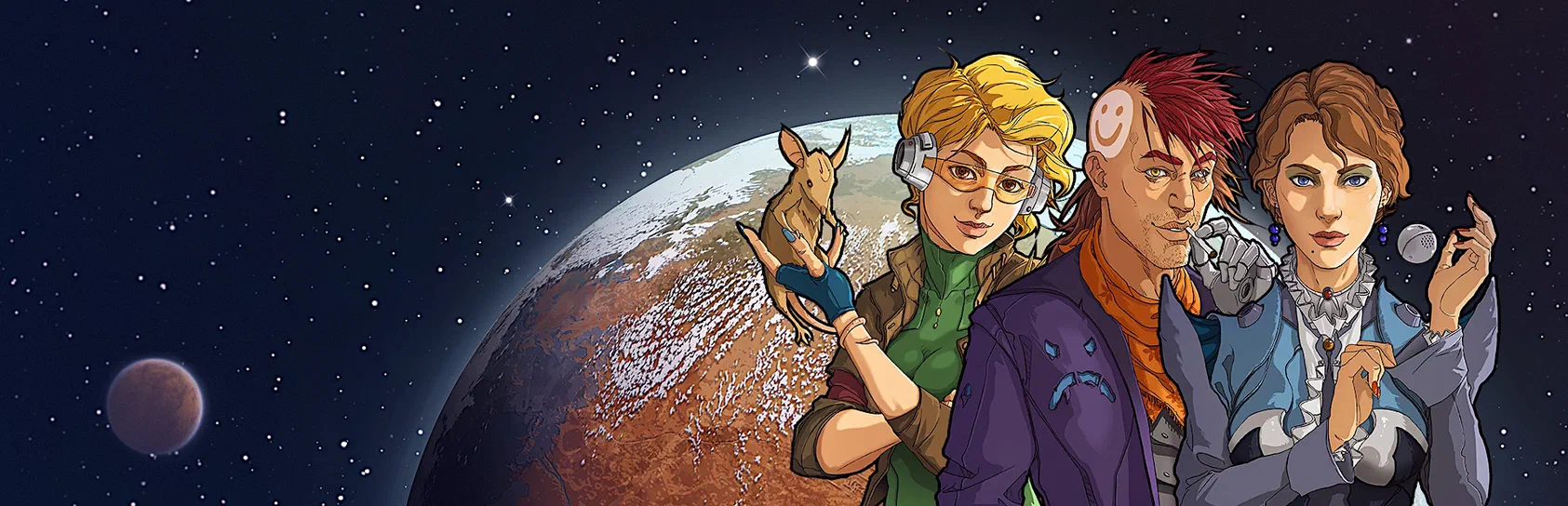 Trois personnages de RimWorld se tiennent devant une planète dans l'espace.