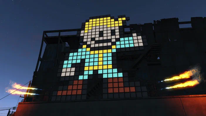 Dans Fallout 4, un personnage en pixel art jaune et bleu est projeté sur une structure industrielle sombre sous la nuit étoilée.