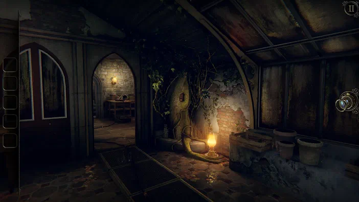 Capture d'écran du jeu The Room Three montrant une pièce sombre avec des murs de briques, un arbre sculpté et plusieurs portes en arc.