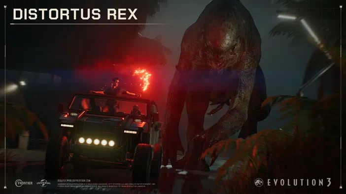 Dans Jurassic World Evolution 3 Rebirth, un dinosaure géant menace une jeep avec des passagers dans une jungle nocturne.
