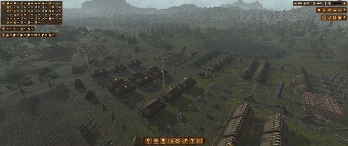 Capture d'écran du jeu vidéo Dawn of Man montrant un village avec des huttes et des animaux dans une ambiance sombre.