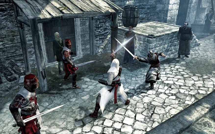 Assassin's Creed Dans Assassin's Creed, un assassin en blanc combat deux gardes rouges sur une place pavée entourée de bâtiments médiévaux.