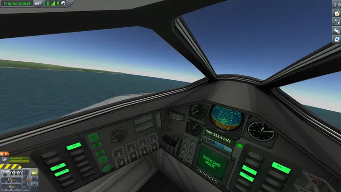 Vue depuis le cockpit d'un vaisseau spatial dans Kerbal Space Program au-dessus de l'océan