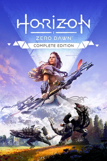Affiche du jeu vidéo Horizon Zero Dawn Complete Edition avec la protagoniste Aloy en tenue de chasse et deux machines au premier plan