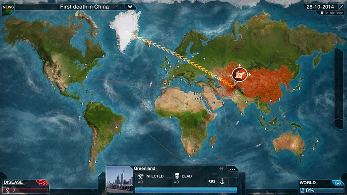 Capture d'écran du jeu vidéo Plague Inc: Evolved montrant une carte mondiale avec la Chine infectée en rouge et le Groenland isolé.