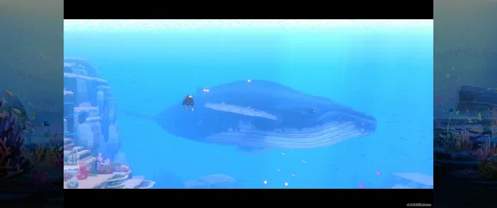 Dans le jeu vidéo Dave the Diver, un personnage plonge à côté d'une baleine bleue dans une eau claire.