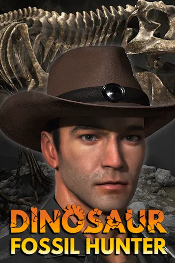 Portrait d'un homme portant un chapeau de cowboy devant une grande structure osseuse. Le texte 'DINOSAUR FOSSIL HUNTER' est affiché en bas.
