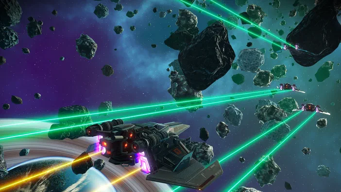 Capture d'écran du jeu vidéo No Man's Sky montrant une flotte de vaisseaux spatiaux tirant des lasers verts dans un champ d'astéroïdes au-dessus d'une planète.