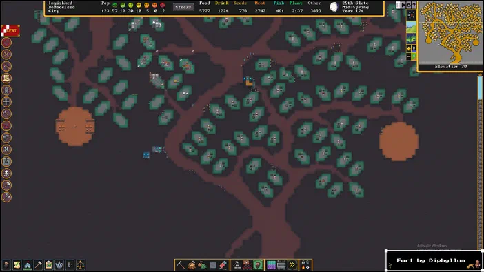 Capture d'écran de Dwarf Fortress montrant une vue en haut du sol d'une fortification avec des structures et un panneau d'interface utilisateur.