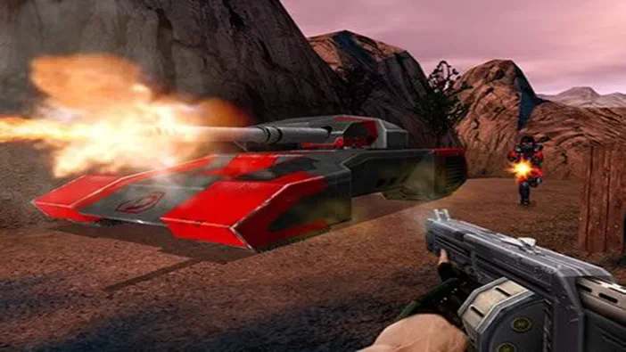 Dans Command & Conquer™: Renegade, une base volante rouge tire des flammes sur un soldat dans un paysage rocheux.