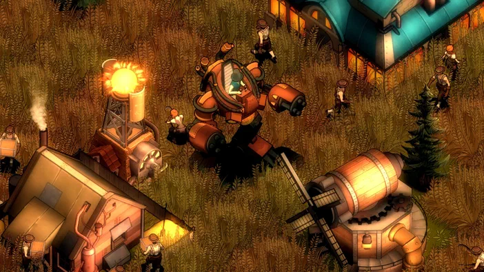 Capture d'écran du jeu vidéo They Are Billions montrant une base fortifiée avec des bâtiments et un robot dans un champ de blé.