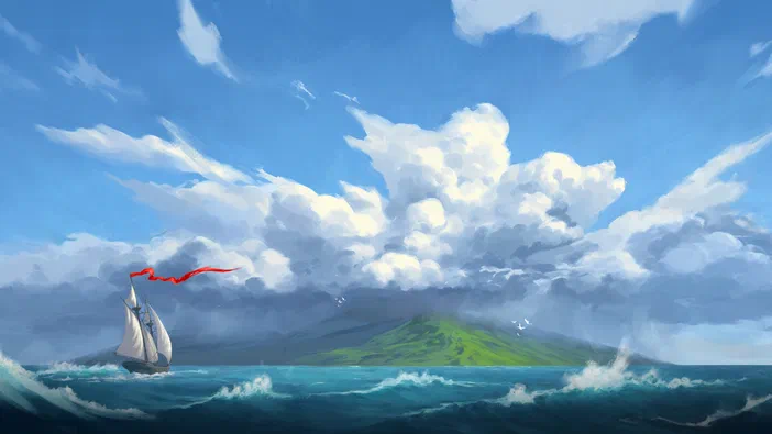 Un bateau à voile navigue sur une mer agitée vers un îlot verdoyant sous un ciel bleu parsemé de nuages blancs, avec une bannière rouge flottante.