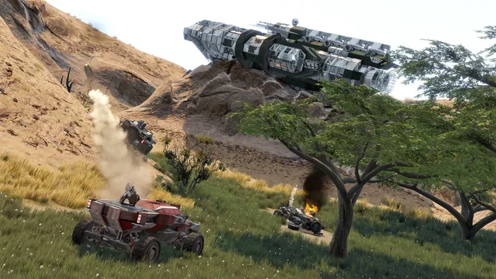 Capture d'écran du jeu Space Engineers montrant des véhicules et une structure flottante dans un paysage désertique.