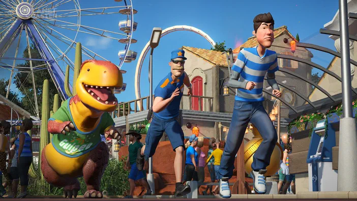 Capture d'écran du jeu Planet Coaster montrant un dinosaure et deux personnages en train de courir dans une aire de jeux avec des manèges.