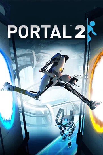 Affiche du jeu vidéo Portal 2 montrant un robot traversant des portails lumineux bleus et oranges dans une installation industrielle.