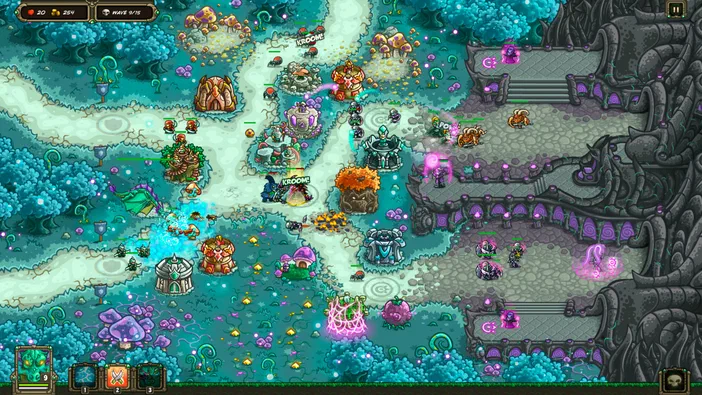 Capture d'écran du jeu Kingdom Rush Origins montrant une carte de stratégie avec des tours et ennemis dans un environnement coloré.