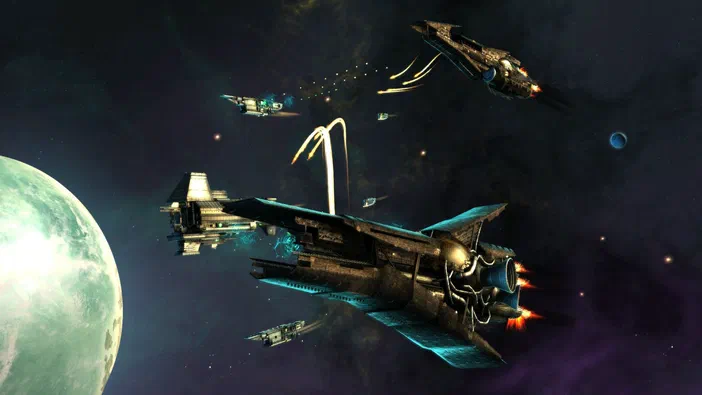 Capture d'écran du jeu vidéo ENDLESS Space™ - Definitive Edition montrant plusieurs vaisseaux spatiaux en formation dans l'espace avec une planète à gauche.