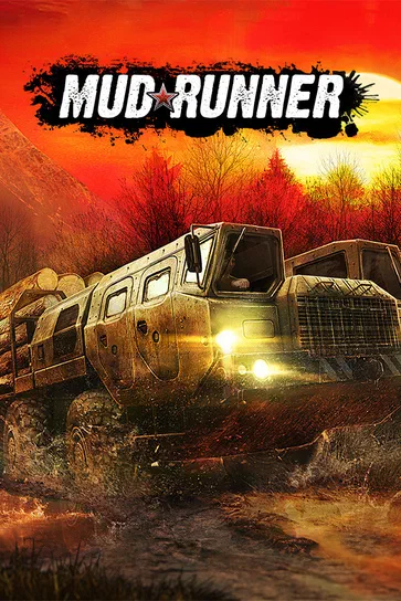 Publicité pour le jeu vidéo Mud Runner montrant un camion tout-terrain dans la boue sous un ciel rouge.