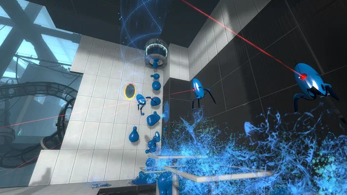 Capture d'écran du jeu vidéo Portal 2 montrant des turrets bleus et un environnement de laboratoire avec des lasers rouges.
