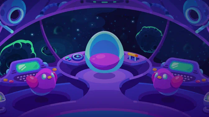 Vue d'intérieur du cockpit de Star Birds, un jeu vidéo aux couleurs violettes et bleues avec des écrans numériques.