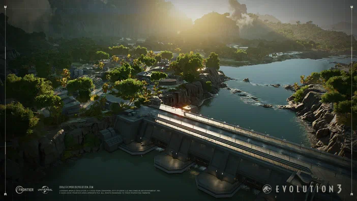 Vue aérienne d'un paysage de Jurassic World Evolution 3 avec un barrage et des rivières entourés de végétation dense.