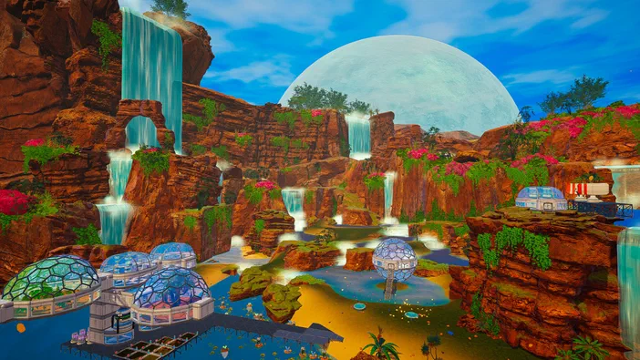 Capture d'écran du jeu The Planet Crafter montrant une planète avec des cascades et des structures géométriques.