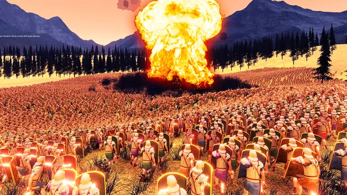 Capture d'écran du jeu Ultimate Epic Battle Simulator montrant une armée de soldats face à une explosion massive dans un paysage montagneux.