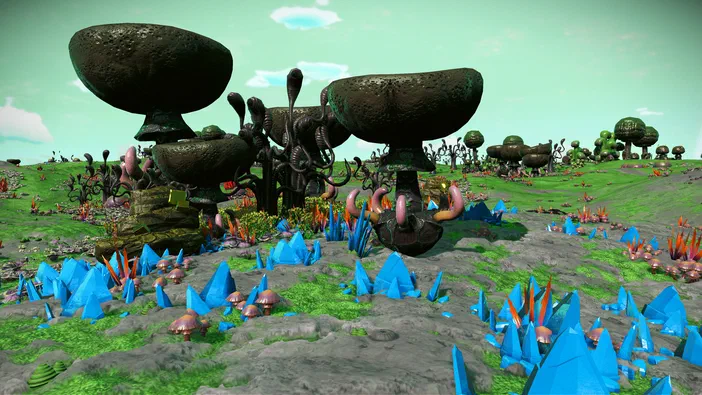 Dans le jeu No Man's Sky, une vue d'une planète recouverte de champignons géants et de cristaux bleus.