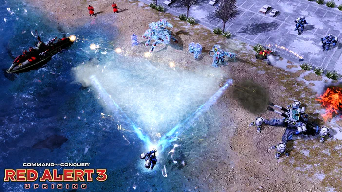Capture de jeu vidéo Command & Conquer Red Alert 3 Uprising montrant une bataille côtière avec des véhicules et soldats en action.