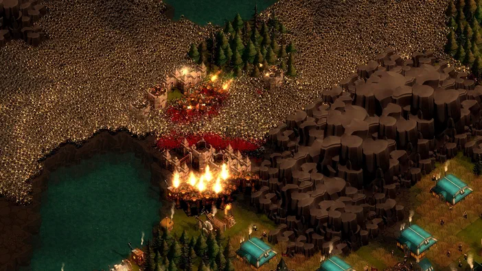 Capture de jeu vidéo They Are Billions montrant une base en feu entourée d'une multitude de créatures rouges sur un terrain accidenté.