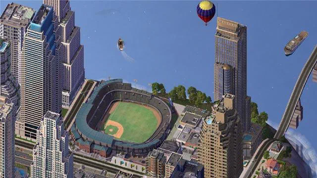 Vue aérienne d'une ville de SimCity avec des gratte-ciels et un stade entouré par une autoroute.