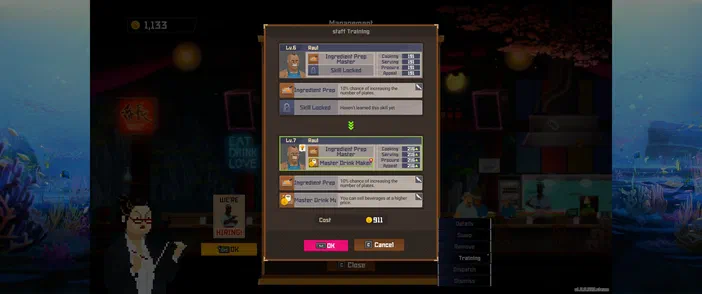 Interface de formation du personnel dans le jeu vidéo Dave the Diver