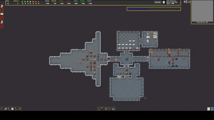 Capture d'écran du jeu de stratégie Dwarf Fortress montrant une vue en plan d'une fortification avec des nains et divers bâtiments.