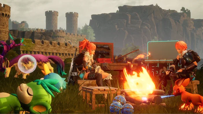 Dans Palworld, deux personnages aux cheveux oranges campent près d'un feu avec des créatures colorées et un mur holographique devant une forteresse.