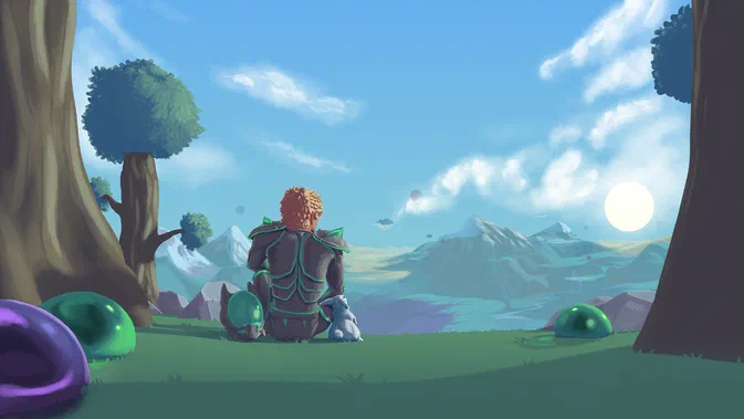 Dans le jeu Terraria, un personnage aux cheveux roux est assis de dos sur une colline verdoyante entourée d'arbres et regardant des montagnes sous un ciel bleu parsemé de nuages.