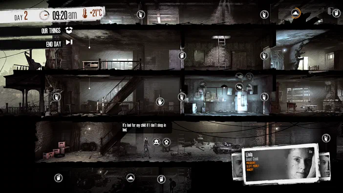 Capture d'écran du jeu vidéo This War of Mine montrant une maison en ruine divisée en plusieurs étages avec des icônes de navigation et un portrait nommé Livia.