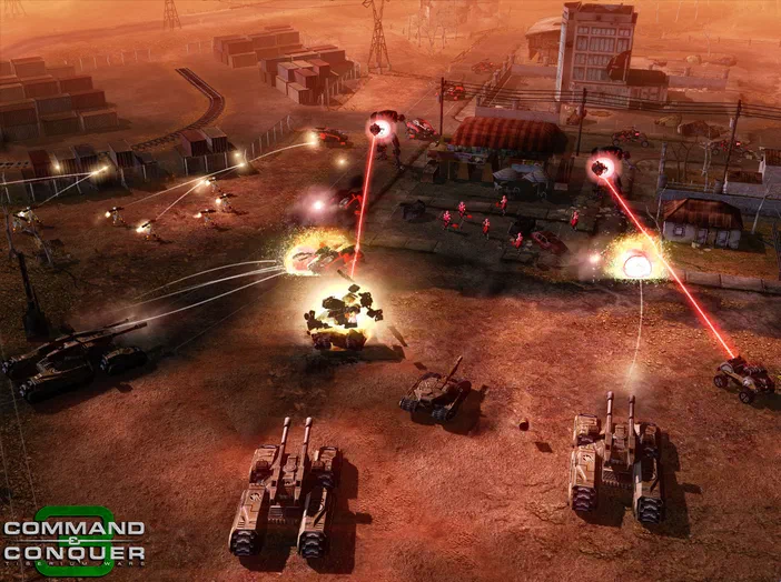 Capture d'écran de Command & Conquer 3 : Tiberium Wars montrant des chars et véhicules laser en combat dans un environnement désertique.
