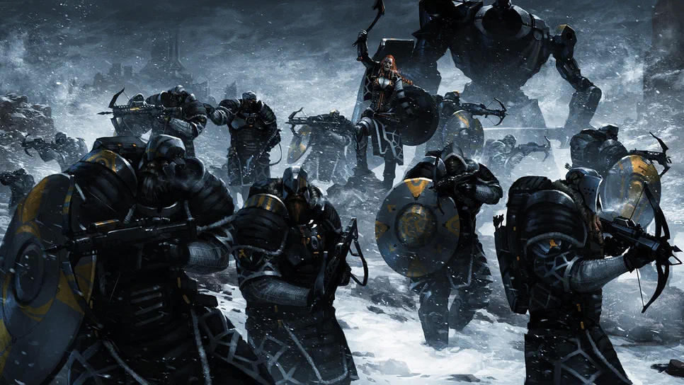 ENDLESS Legend™ Dans le jeu vidéo ENDLESS Legend™, une troupe de soldats en armure noire avance dans un paysage enneigé sous la menace d'un géant mécanique.