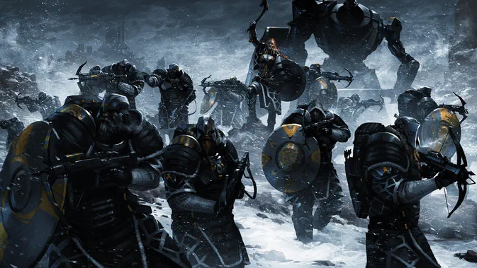 Dans le jeu vidéo ENDLESS Legend™, une troupe de soldats en armure noire avance dans un paysage enneigé sous la menace d'un géant mécanique.