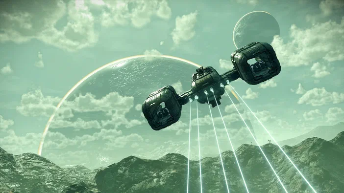 Dans le jeu vidéo No Man's Sky, un vaisseau spatial noir survole des montagnes sous deux planètes et émet quatre faisceaux lumineux blancs.