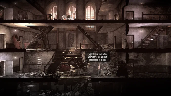 Capture d'écran du jeu vidéo This War of Mine montrant un bâtiment en ruine avec des personnages et une bulle de dialogue.