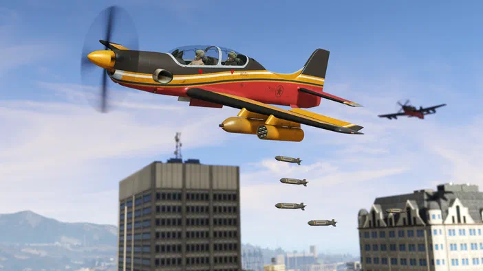 Dans Grand Theft Auto V Legacy, un avion de combat rouge et jaune largue des bombes au-dessus d'une ville.