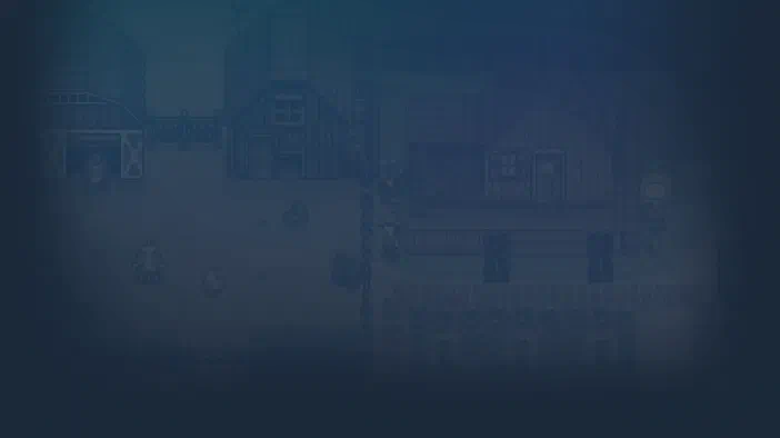 Vue de la ferme dans le jeu vidéo Stardew Valley avec des bâtiments et un personnage en arrière-plan.
