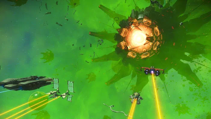 Capture d'écran du jeu vidéo No Man's Sky montrant plusieurs vaisseaux spatiaux tirant des lasers jaunes vers une structure centrale brillante dans un environnement vert.